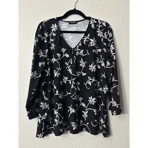 August Max Women's S Black White Floral Zipper Blouse Top Stretch Office Casual